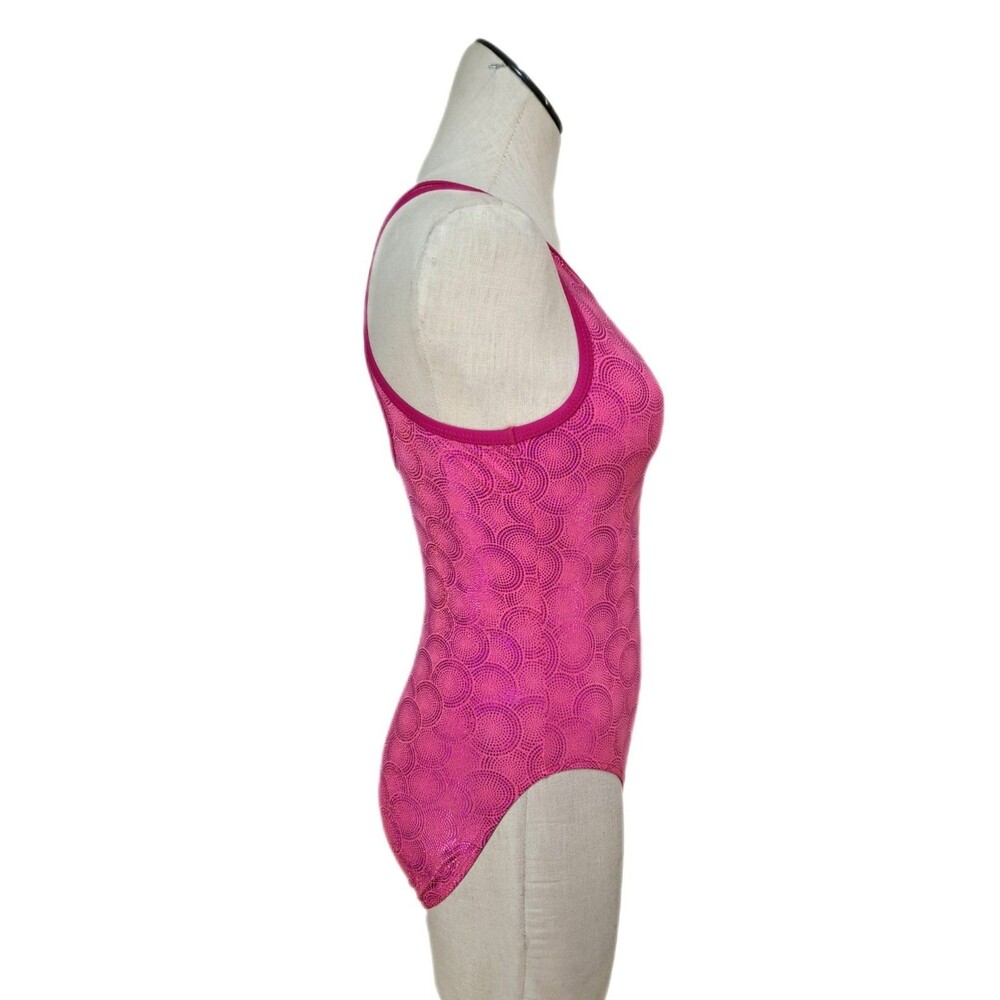 Satara VTG Barbie Pink Foiled Circles Racerback Leotard Open Back Keyhole Sz AL - Picture 3 of 15